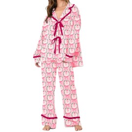 NUFIWI Christmas Bow Tie Front Pajamas for Women Cute Print Long Sleeve Shirts Pants 2 Pieces Xmas Satin Pjs Loungewear Sets (Light Pink, S)