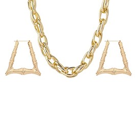 COLORFUL BLING Gold Tone Punk Chunky Link Chain Necklace with Large Hollow Bamboo Shaped Geometric Hoop Earrings Set Statement Jewelry Hip Hop Cool Rapper Accessories-A triangle