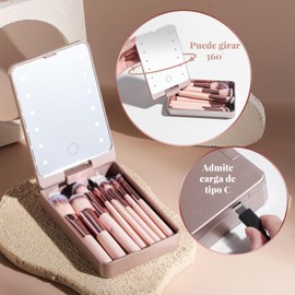 Set de viaje de brochas de maquillaje: 14 brochas de cerdas suaves espejo, luz LED y estuche portátil