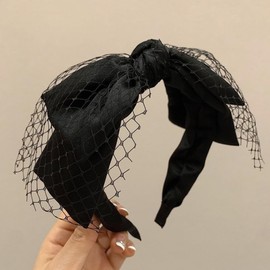Jumwrit- Diadema con lazo anudado negro, diadema de malla ancha antideslizante, banda para el cabello de color sólido, diadema elástica con lazo grande