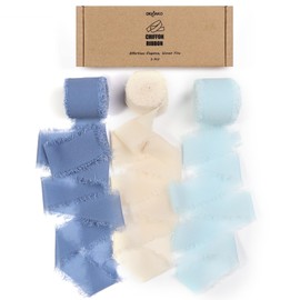 Pastel Blue & Ivory Silk-Like Chiffon Ribbon Set 1.5" x24Yds - Fringe Fabric for Wedding Decor, Baby Shower Gifts & Gift Wrapping