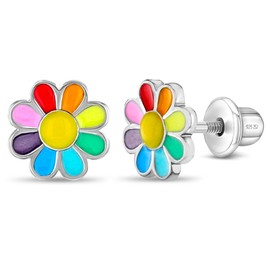 925 Sterling Silver Rainbow Enamel Daisy Flower Screw Back Earrings for Little Girls and Preteens - Vibrant Enamel Earrings for Younger Girls - Children's Multicolored Petal Flower Earrings