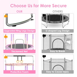 Trampoline for Kids, Upgrade Full Anti-Rust 440lbs Toddler Trampoline with Net, 60'' Upgraded Ring Legs with Adjustable Gymnastics Bar&Toys, Gifts for Ages 1-8 Boys&Girls(Pink)