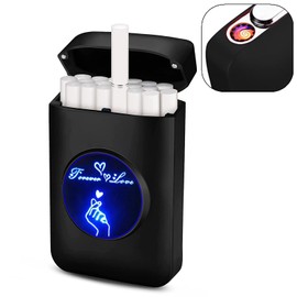 Funda para cigarrillos con encendedor, 19 unidades, encendedor USB, recargable, sin llama, resistente al viento, encendedor eléctrico (negro)