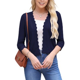 VOIANLIMO - Suéter corto de manga 3/4 para mujer, suéter de punto con parte delantera abierta, estilo bolero corto para vestidos, Azul marino, M