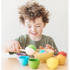 Montessori Large Rainbow Colored Sorting Ball in Cup | Preschool Color Matching Toy | Gross Motor Transfer Activity | 6 Toddler Safe Wooden Balls 46mm in Diameter - Non-Choking-Hazard
