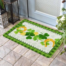 St. Patrick's Day Door Mat Lucky Clover Welcome Mat Non Slip Rubber Shamrock Coin Green Buffalo Plaid Entryway Front Rug Floor Mat for Indoor Outdoor Kitchen Spring Holiday Home Decor 18x30 Inch