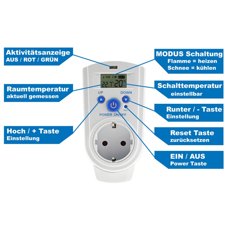 Socket Thermostat, Max. 3500 W, On/Off/Auto, 230 V for Heating