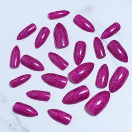 Purple Glitter Press on Nails Medium Almond Shape Acrylic Fake Nails with Salon UV Finish Sparkling Gel Nails Press ons Glossy Flash Mirror Face Glue on Nails Medium False Nails with Designs for 24Pcs