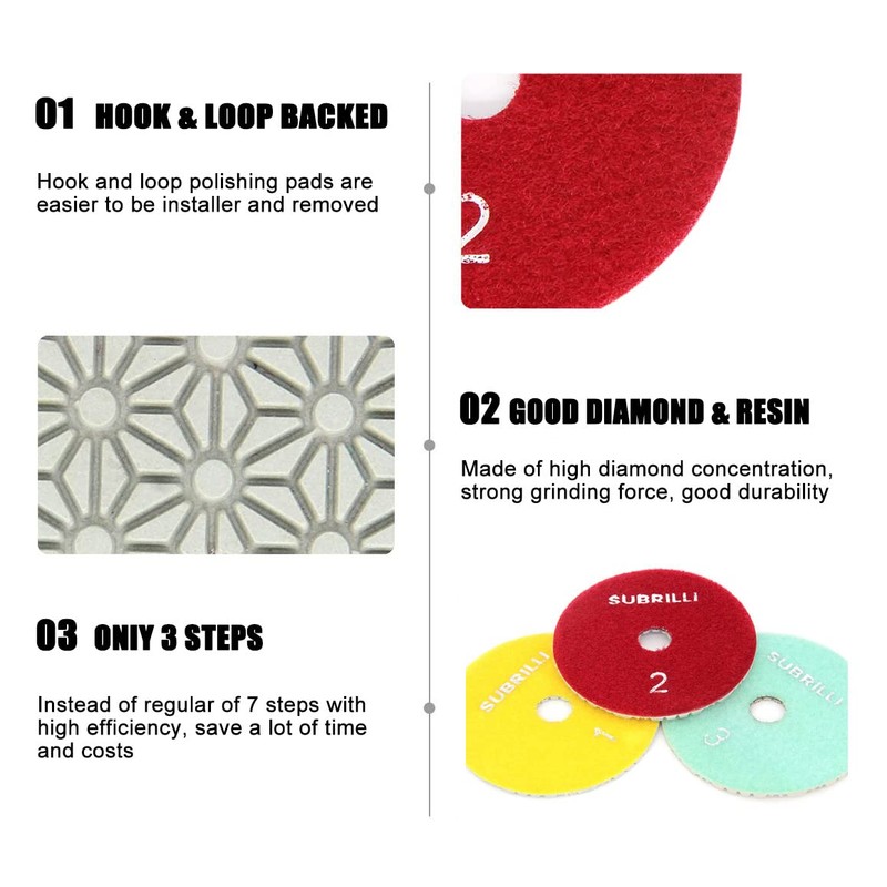 SUBRILLI Dry/Wet 3 Step Diamond Polishing Pads 4" Sanding Discs