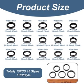 Spritewelry 15pcs Hematite Rings 3 Style Hematite Plain Band Finger Rings Mixed Size Black Hematite Stone Ring Unisex Anxiety Balance Energy Ring for Women Men