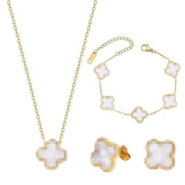 MOSTEDE Four-leaf Clover Jewellery Set 18k Four Leaf Clover Necklace Earrings Bracelet Minimalist Four Leaf Clover Pendant Jewellery Set for Women and Girls, White Gold