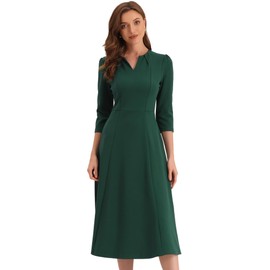 Allegra K Women's 3/4 Sleeve A-Line V-Neck Business Dress Pockets Work Elegant Midi Dress, dark green