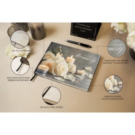 Modern Album Designs Rose Hardcover Funeral Guest Book - 9.5 x 7 Celebration of Life Guestbook for Memorial Service with 5x7 Paper Sign, Pen, Black Photo Corner Stickers