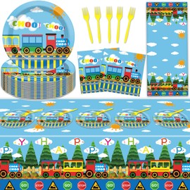 Train Birthday Party Supplies Train Theme Party Tableware Includes Train Party Plates Napkins Fork and Train Theme Tablecloth for Birthday Parties Decorations Set Serve 20