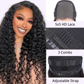 NKTU Wear and Go Glueless Wigs Human Hair Pre Plucked Pre Cut, 5x5 HD Lace Closure Wigs, All-Day Comfort, Deep Wave Wig for Women, Raw Human Hair, 200 Density, Narural color, 20 Inch