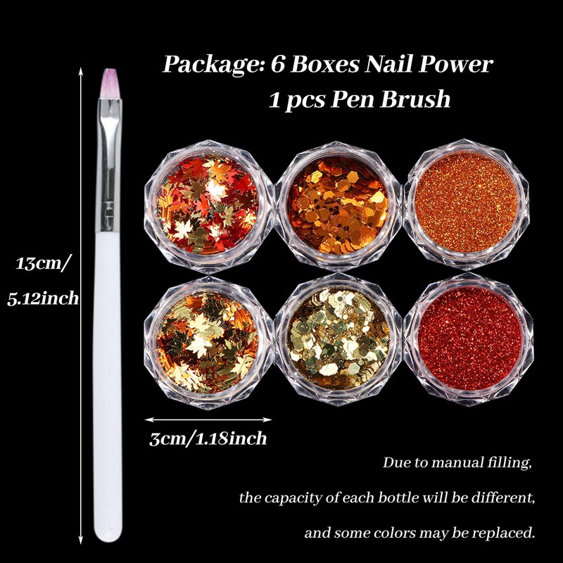 Autumn Nail Flake & Powder Set, 6Boxes Fall Themed Sequin