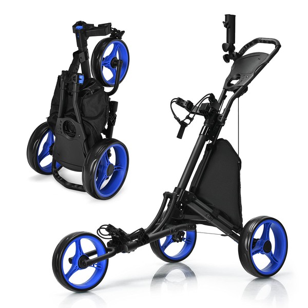 GYMAX Golf Push Cart, 3 Wheels Aluminum Folding Height Adjustable