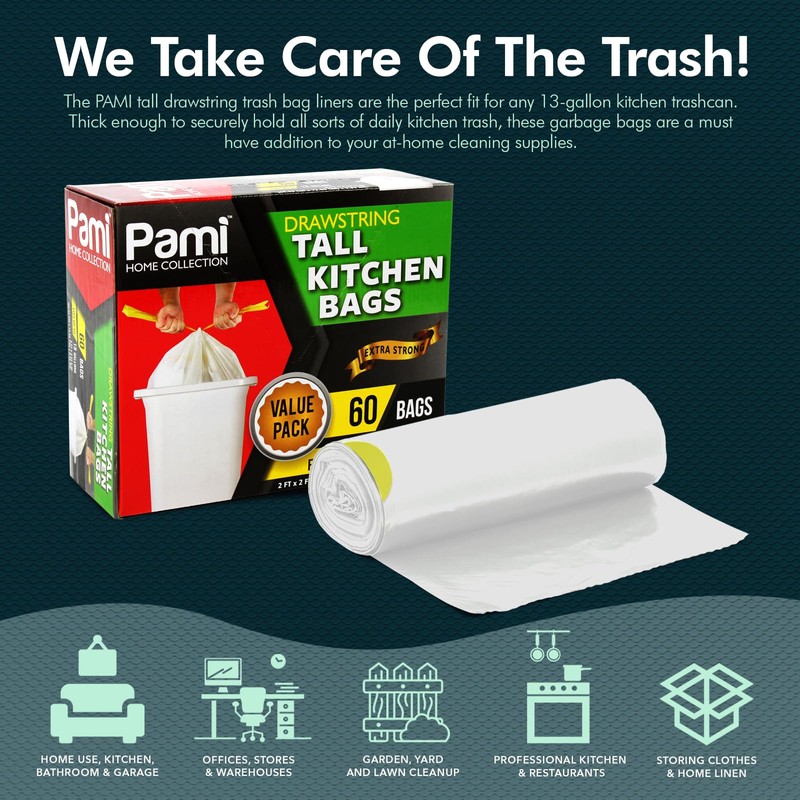 PAMI Tall 13-Gallon Kitchen Drawstring Trash Bags [60 Pack -