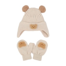 ZZLBUF Baby Winter Hat and Mitten Set Toddler Cute Bear Knit Hat with EarflapThick Warm Beanie for Baby Girls Boys (Beige, One Size)