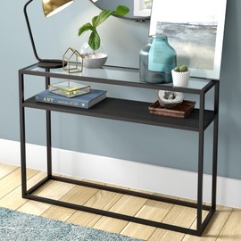 Nellie 42'' Wide Rectangular Console Table with Metal Mesh Shelf in Blackened Bronze
