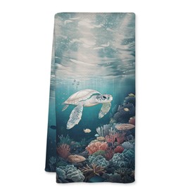 JFFTLL Sea Turtle Beach Kitchen Towels, Turtle Lover Gifts Decorative Dish Tea Towels for Kitchen, Coastal Nautical Beach Hand Towel for Bathroom Decor, 16x24 Inch