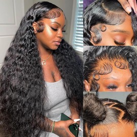 Twigoal Deep Wave HD Lace Front Wigs Human Hair Wear and Go Glueless Wigs Pre Plucked Pre Cut 4x4 HD Transparent Lace Front Wigs for Women Wet and Wavy Lace Closure Wigs Natural Hairline(24 Inch)