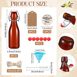 Vesici 8 Sets Swing Top Glass Bottles Set Amber Homemade Vanilla Extract Bottles with Stoppers Stickers Caps Jar Brush Funnel Rope Labels Vanilla Extract Jars for Holiday DIY Crafts (8 oz)