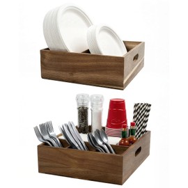 Acacia Wood Utensil Holder for Party -Nested Set of 2(Large 11" x 9.5" Plate Holder & Small 10" x 9" Utensil Caddy) Silverware Caddy for Countertop - Holds Plates, Napkins, Cups, Spoons, Forks