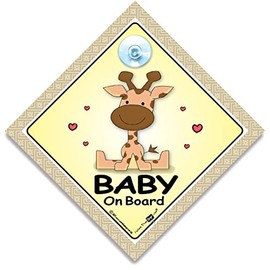 Giraffe Baby On Board Sign, Baby on Board Sign Baby Giraffe, Grandchild On Board Sign, High Visibility Suction Cup Car Window Sign For Baby in The Car, 14 cm x 14cm x 2cm