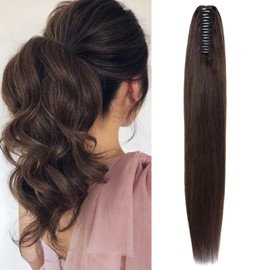 S-noilite Clip-In Real Hair Extensions with Straight and Long Natural Hair, Straight Remy Real Hair, Ponytail Hair Extensions, #2, Dark Brown, 50