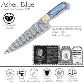 Ashen Edge 8.3"" Damascus Steel Chef Knife - Premium Quality Lightweight 11.9 oz 13.3"" Total Size with 5"" Ergonomic Handle - Professional Grade Kitchen Blade for Precision Cooking (Blue)