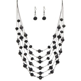 Crystal Beaded Statement Necklace for Women Boho Colorful Multi-Strand Necklace and Earring Sets for Women Fashion Jewelry Gifts for Mom(Black)