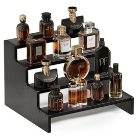 ProCase Wooden Cologne Organizer for Men, 4 Tier Perfume Organizer Display Risers, Mens Cologne Stand Holder Organizer, Cologne Shelf Rack for Fragrances Candles Cosmetics Cupcake Figure -Black