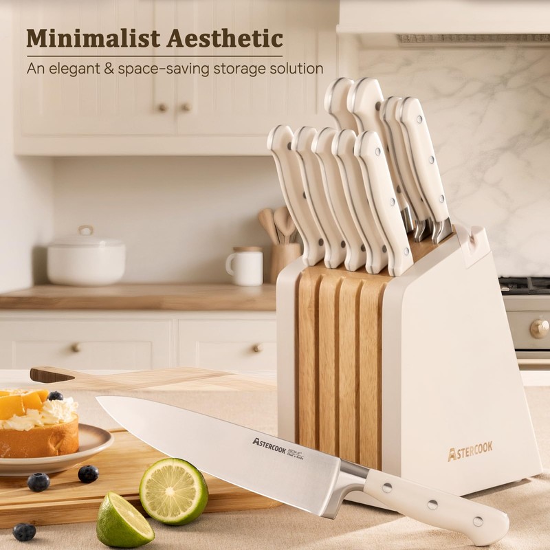 Astercook Knife Set, Kitchen Knife Set with Block and Sharpener,