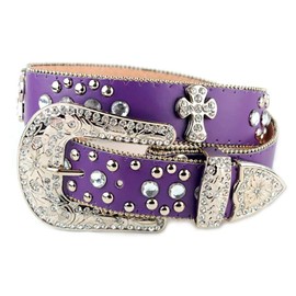 NYFASHION101 Cross Charm Rhinestone Stud Genuine Leather Belt (X-Large, Purple)