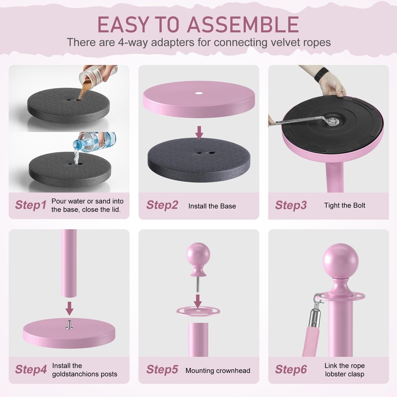 kaiyomi 4Pcs Stanchions with Pink Velvet Ropes Set, 5 Feet
