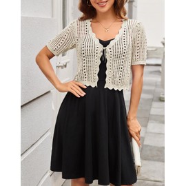 Kate Kasin Women Crochet Shrug Sweater Tie Front Knit Bolero for Dress Short Sleeve Cropped Cardigan Light Apricot M