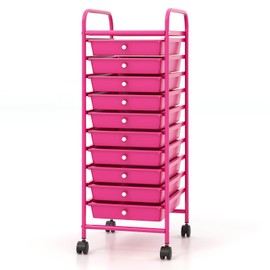 COSTWAY 10-Drawer Rolling Storage Cart, Utility Mobile Trolley with Removable Drawers & Universal Casters & 2 Brakes, Versatile Flexible Drawer Organizer Cart for Home, Office, Hot Pink