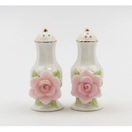 Fine Porcelain Pink Rose Salt & Pepper Shakers Set, 3-1/2" H