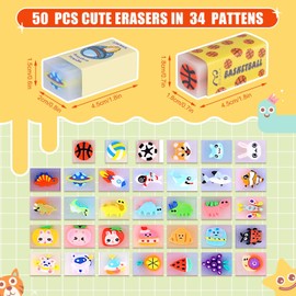 50 Pcs Cute Erasers for Kids Jelly Animal Fruit Dinosaur Space Pet Fun Pencil Erasers for Students Back to School Supplies Prize Gifts Party Favors