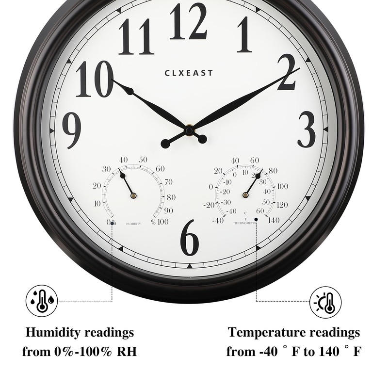 CLXEAST 16" Outdoor Clocks Waterproof with Thermometer & Hygrometer,Black