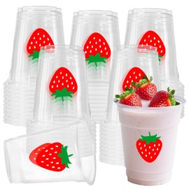 CIEOVO 50 Pack 12oz Strawberry Party Cups, Berry Sweet One Disposable Clear Plastic Cups for Strawberry Theme Birthday Wedding Baby Shower Party Beer Beverage Ice Cream Snacks Decoration