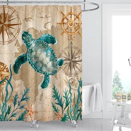 Kavier 180x180cm Sea Turtle Printed Shower Curtain Set with 12 Hooks, Mould Proof Resistant Waterproof Quick-Drying Weighted Polyester Fabric Shower Curtains for Bathroom, Ocean Adventure Home Decor