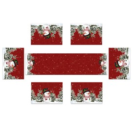 TQFZP Winter Christmas Table Runner and Place Mats Set of 7 Snowman Pine for Holiday Linen Dining Mat Sets Washable Red Home Decor 70 Inches Long