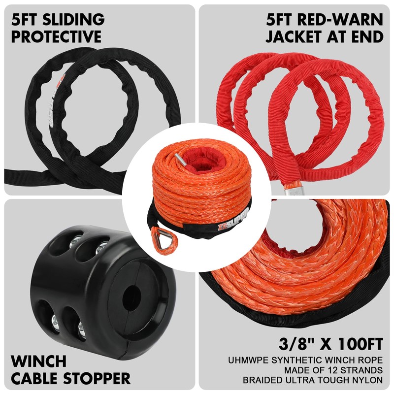 ZESUPER 3/8" x 100ft Synthetic Winch Rope Dyneema 12 Strand