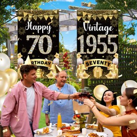 2Pcs 70th Birthday Decorations Door Banner Sign for Men Vintage 1955 Happy 70 Year Old Birthday Door Hanging Cheers to 70 Years Party Supplies Rose Gold Seventy Year Old Bday Wall Hanger Front Door