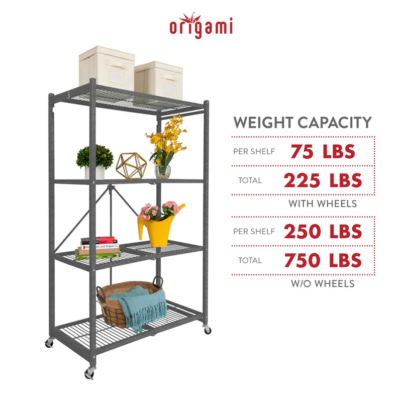 Origami R5 4-Shelf Heavy-Duty Folding Storage Rack, Pewter - Large