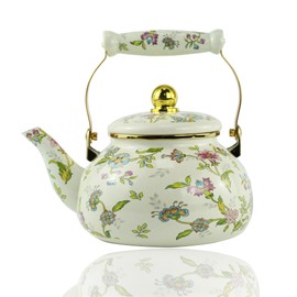 Leebright Floral Enamel Tea Kettle Bohemian Gold Beige Teapot Vintage Boho Hot Water Coffee Kettle Pot 2.5L Porcelain Tea Pot Retro Pot Stovetop Kitchen Home Decor