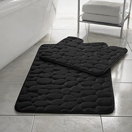 Soodie&Zuzu's Bath Mat Set Non Slip Memory Foam Washable Absorbent Pebble Pedestal & Bath Mat Toilet Bathroom Mat Rug [Pedestal 50x50cm & Bath Mat 50x80cm Approx] (Black)